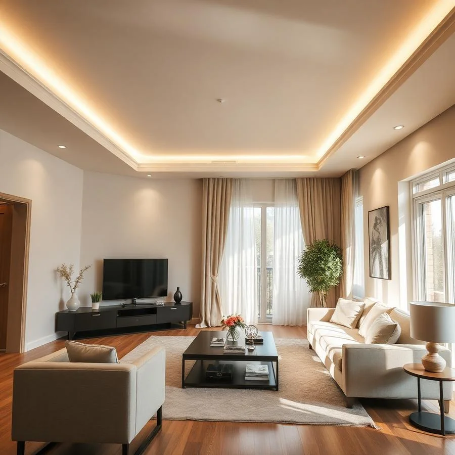 Sala reformada com piso de madeira, sanca iluminada e acabamento final em São Paulo